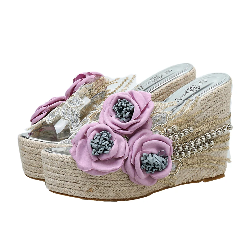 

Camellia Lace Beaded Ladies Slippers Summer New Transparent Linen Woven Wedges Super High Heel Open Toe Beach Sandals