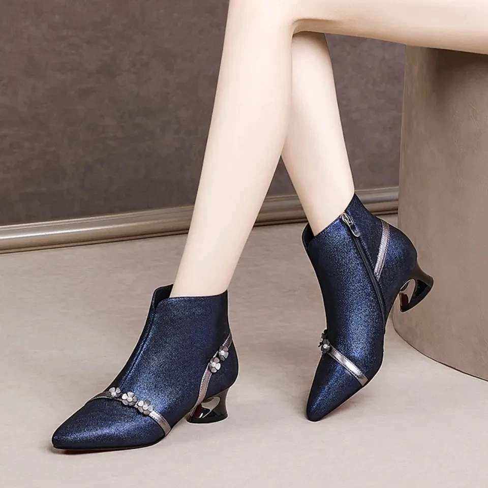 Wedge Boots Women Party Leather Luxury Shoes 2022 Stylish Plush Ankle Boots Women's Ladies Ponited Toe Shoes Woman Heels