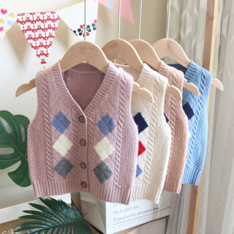 

Autumn Winter New Diamond Knitted Baby Boys Waistcoat V-neck Sleeveless Girls Cardigan Sweater Vest