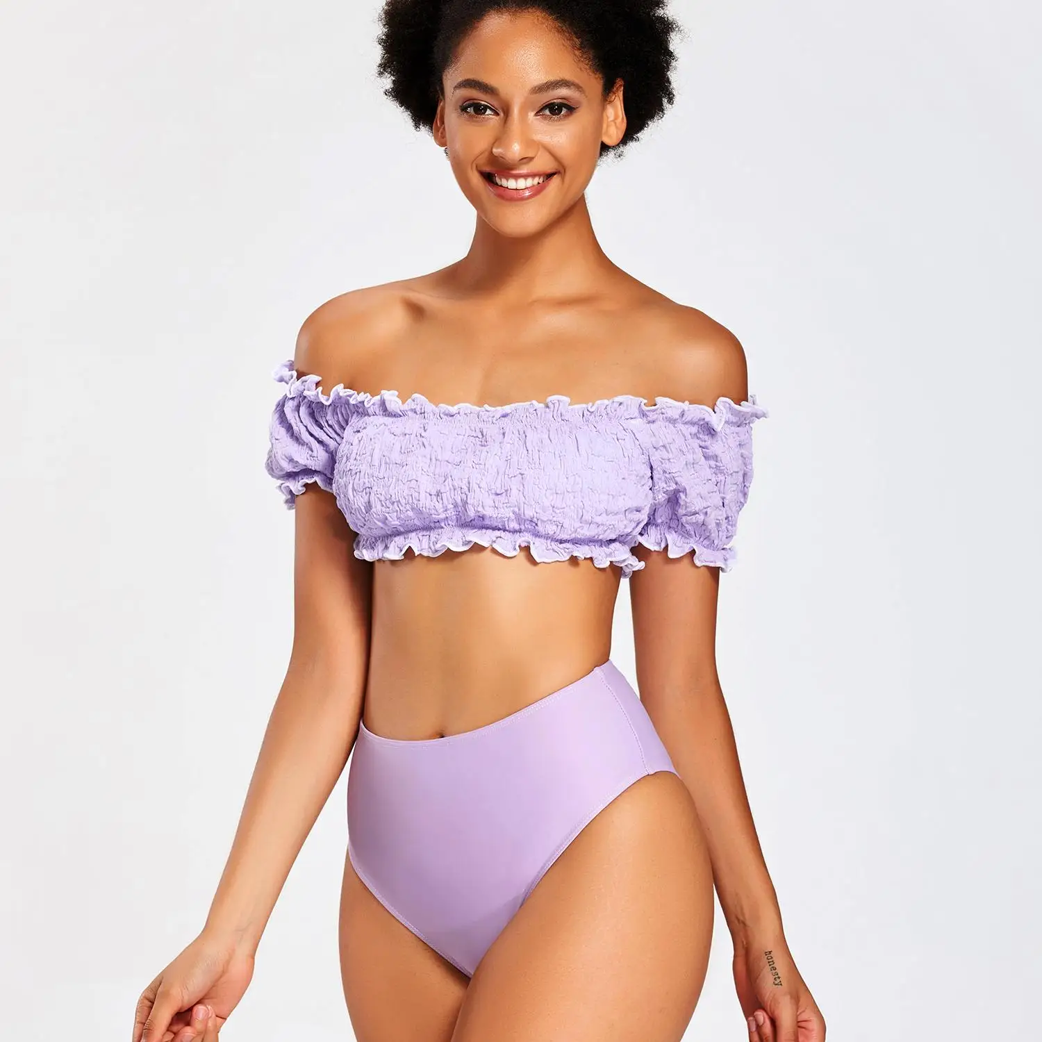 

Split Swimsuit Puff Sleeve Knitted Beach Swimwear Two-piece Set 2021 summer fashion women's clothing bikini set