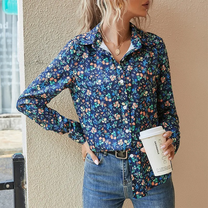 

Summer New Print Plus Size Women Tops Floral Turn Down Collar Single Breasted Shirt Ladies Streetwear Elegant Long Sleeve Blouse