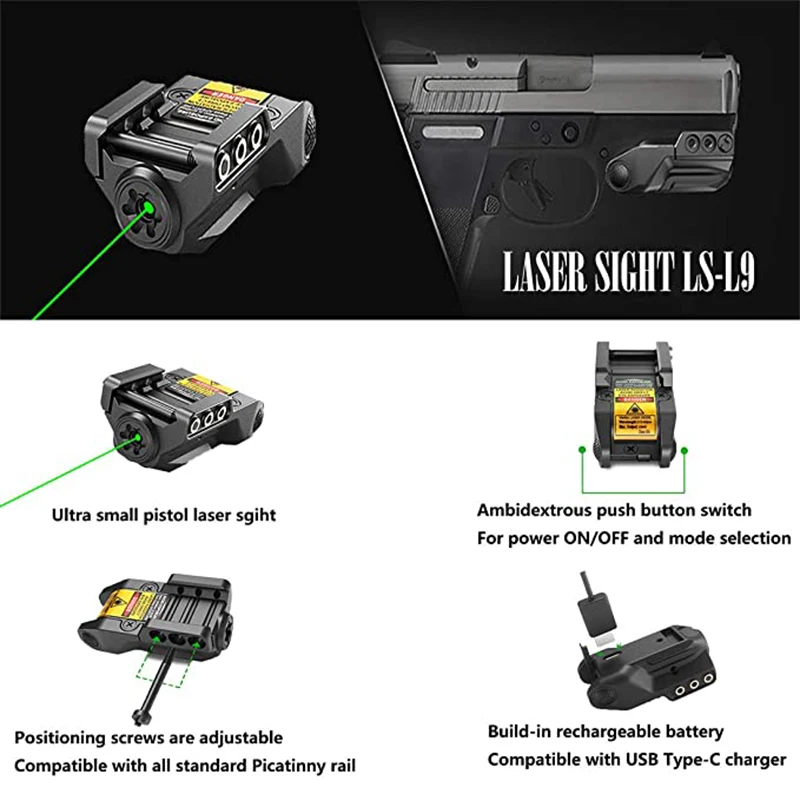 Низкопрофильный Компактный 9 мм пистолет перезаряжаемый зеленый лазерный прицел