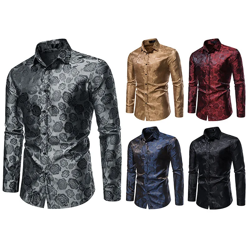 

Men's Floral Black Dress Shirts Fashion Long Sleeve Steampunk clothes Men Party Club Bar Social Shirt Chemise Homme
