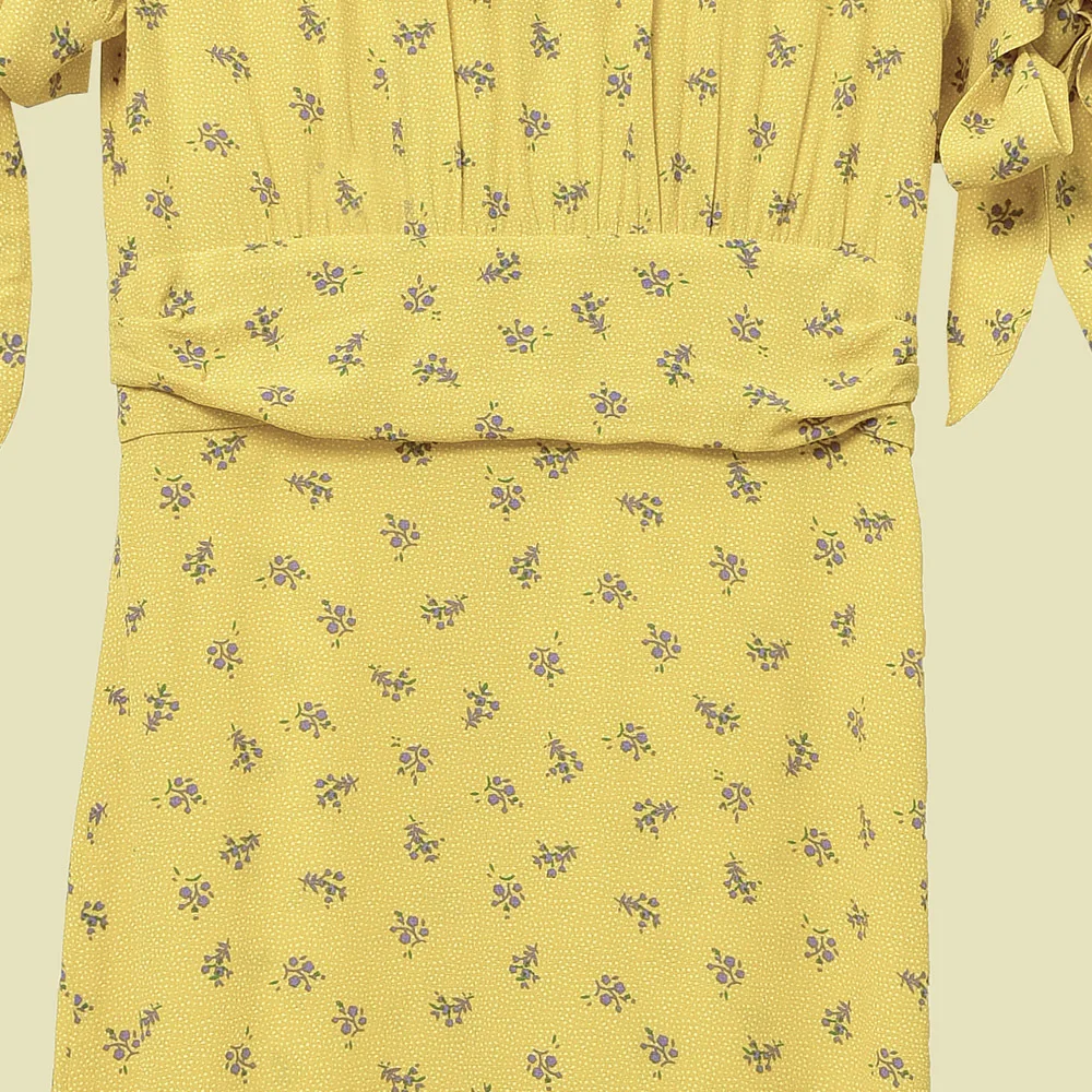 

Spring Summer Women Yellow Color Midi Dress Puff Sleeve Floral V-neck Print Single Breasted Lady Retro Dress Female Clothes