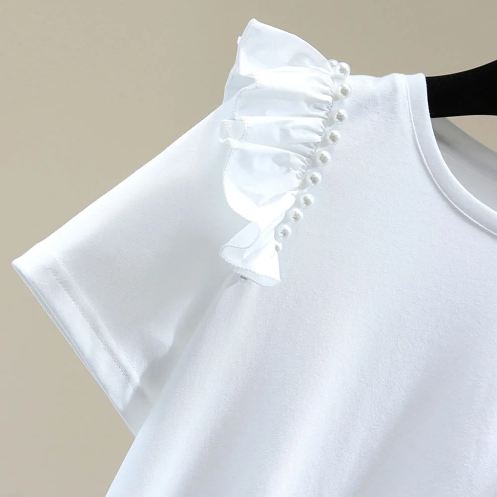 

2021 Summer New Japanese Style Loose Casual Women's T-Shirt Fashion Solid Color Beading Round Neck Summer
