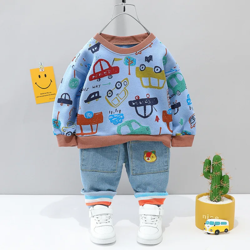 

2 шт./компл. осенний Повседневный Детский комплект для маленьких мальчиков одежда с мультяшным принтом Детский милый пуловер с длинным рука...