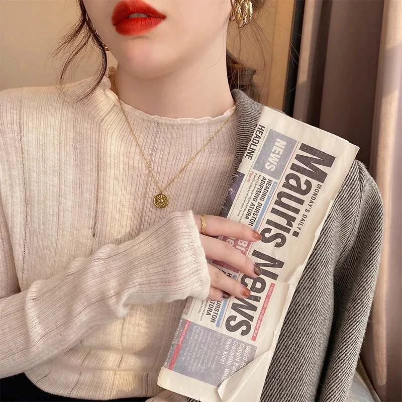 

Half high collar bottomed t-shirts women solid color cotton tops female long sleeve casual t-shirts P3 520