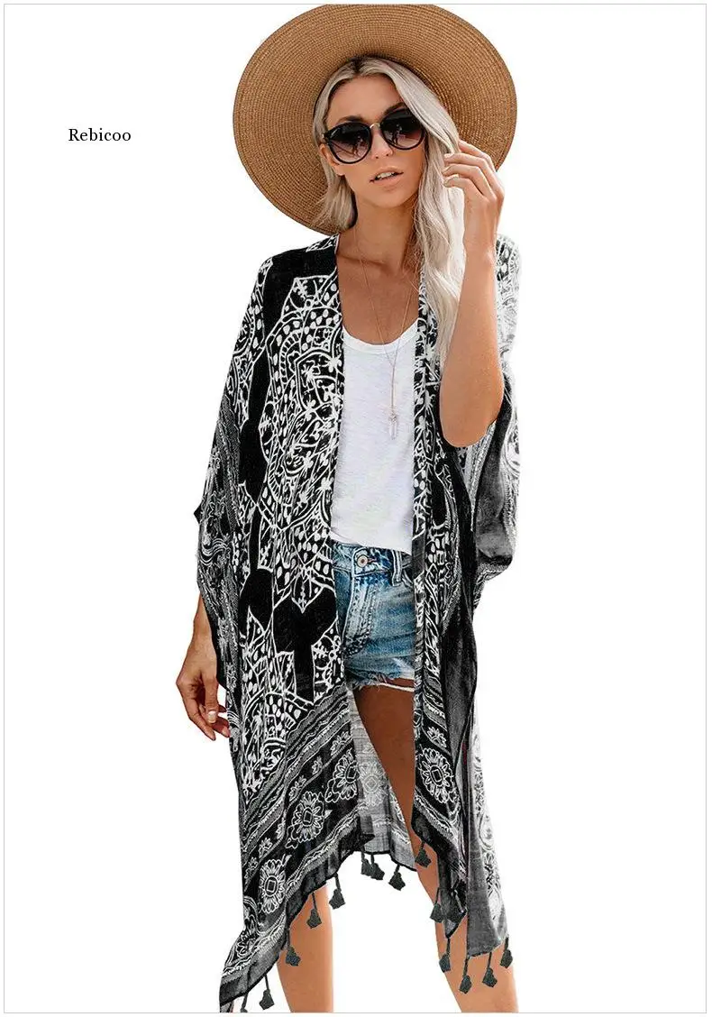 

Women Bohemian Printed Fringed Long Kimono Carfigan Tunic Beach Wear Tops and Blouses Boho Shirts New