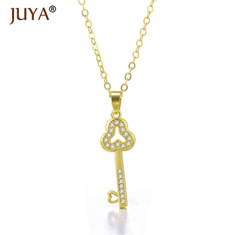 fashion statement necklaces for women Luxury Jewelry Copper Zircon Rhinestone Key Pendants Necklace Silver Femme