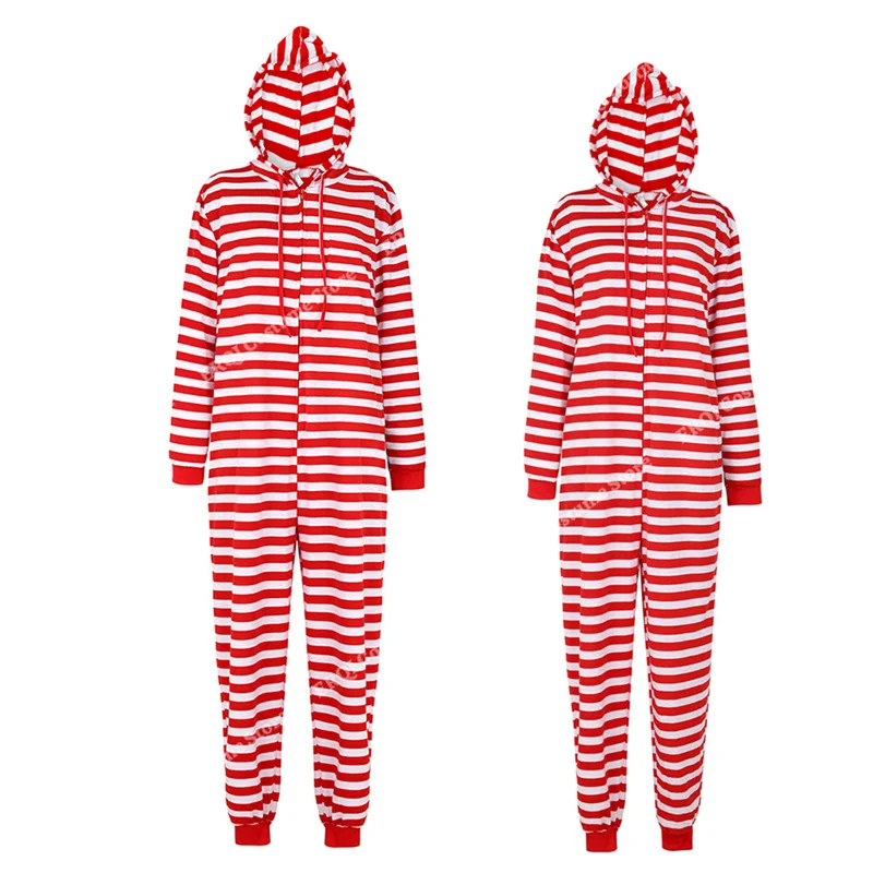 Family Christmas Onesies Pajamas Couple Christmas Sleepwear for Adults Women's Jumpsuit Hooded Red White Stripe S-2XL Plus Size