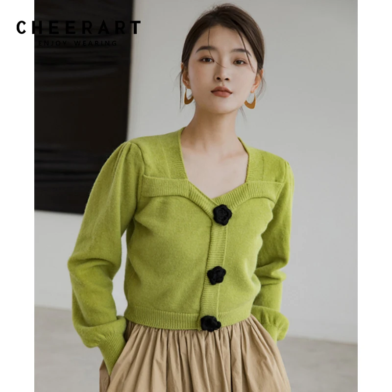 

CHEERART Green Korean Fashion Cute Cropped Cardigan Women Square Neck Knit Sweater Puff Sleeve Cardigan Knitwear Fall 2021