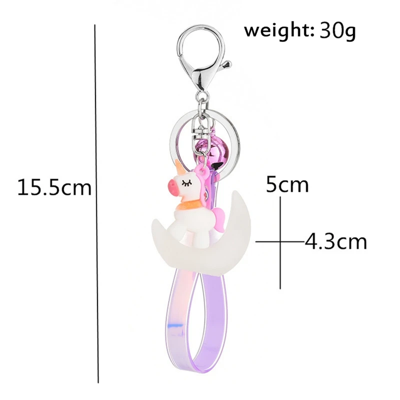 

Fashion Cartoon Pvc Soft Glue Unicorn Keychain Moon Horse 3D Stereoscopic Doll Bell Colorful Leather Rope Pendants Accessories