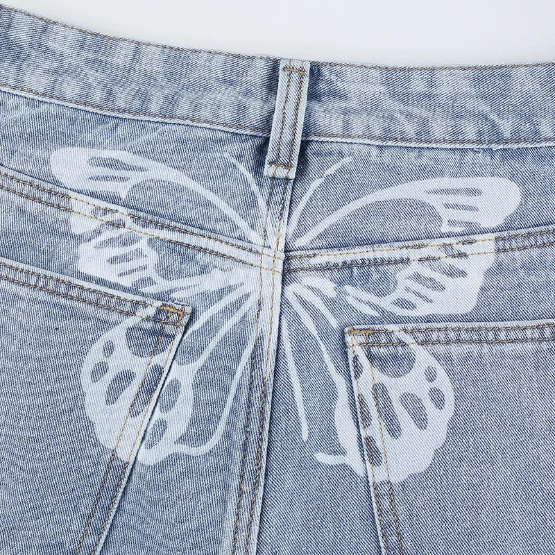 

2021 summer new style back butterfly print large size blue jeans denim trousers women's trousers