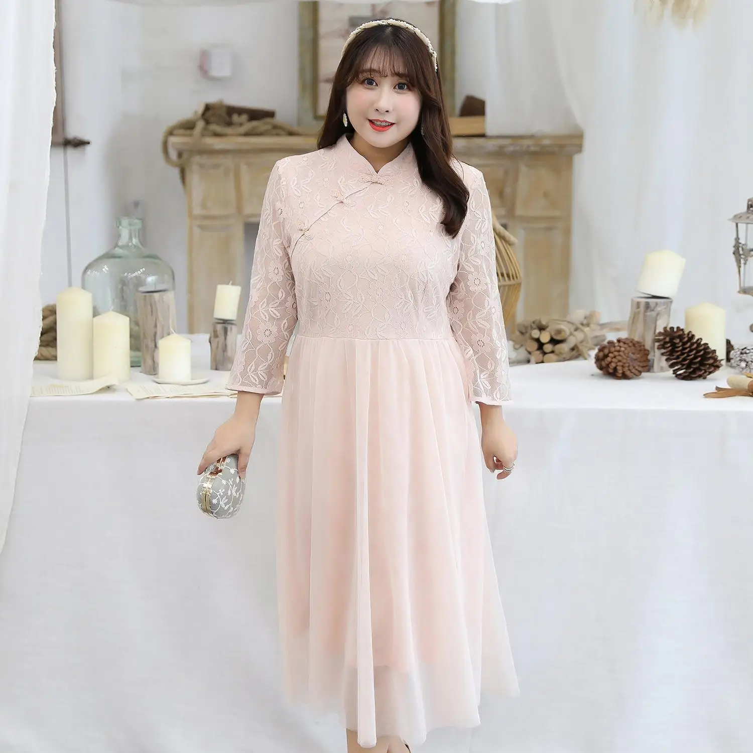 Женское длинное Сетчатое платье с длинным рукавом воротником стойкой|Женские