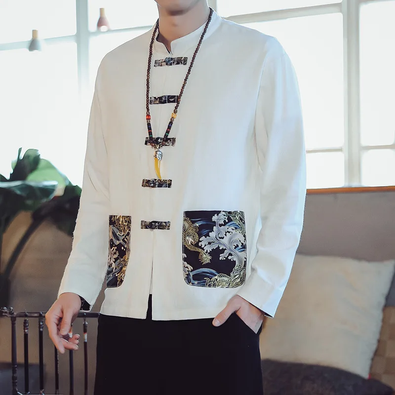 

2021 spring new Chinese style Tang suit men's large ethnic style pan button dragon pattern embroidered cotton and hemp shirt
