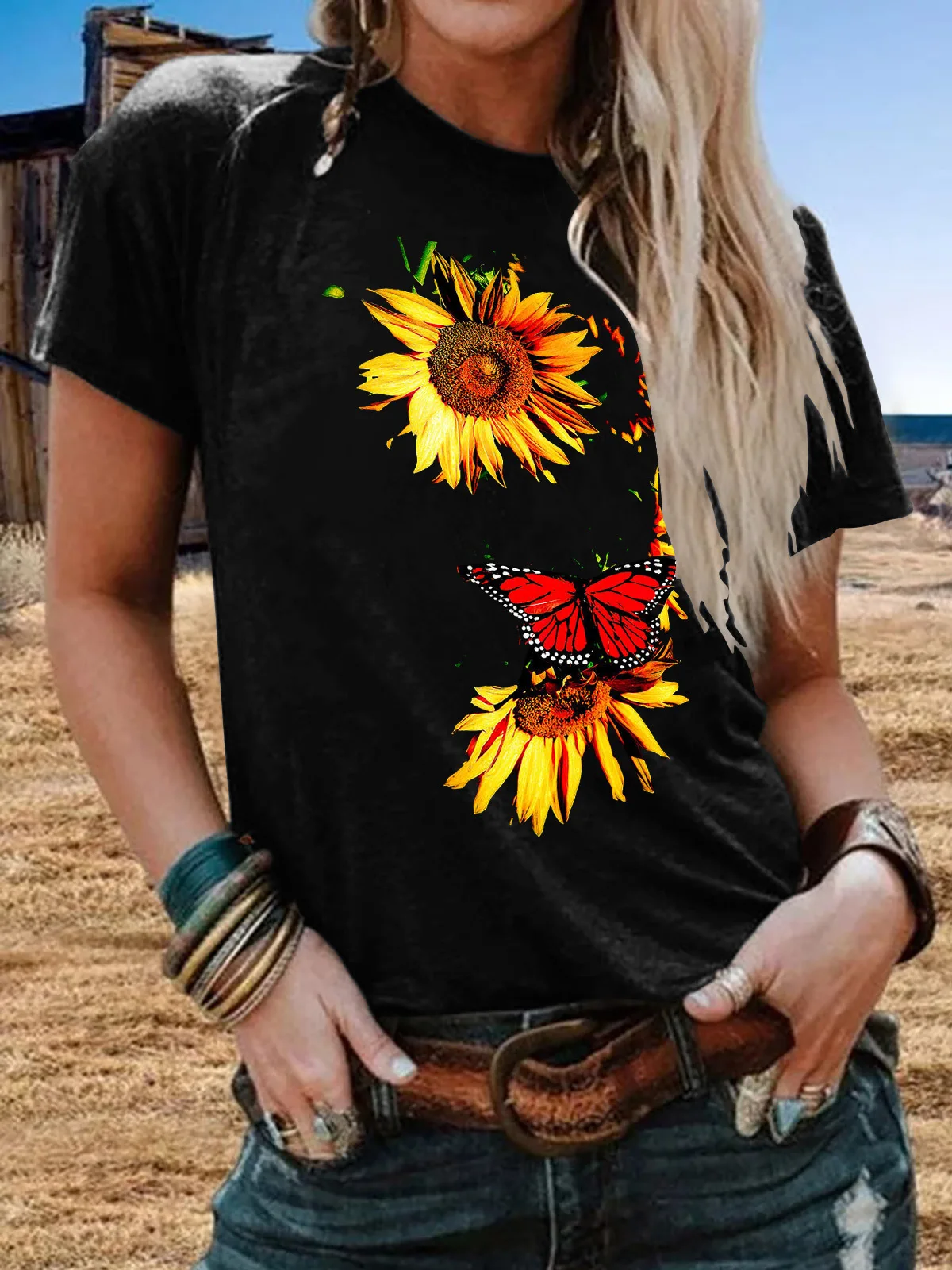 

New print sunflower butterfly short sleeve T-shirt for spring / summer 2020