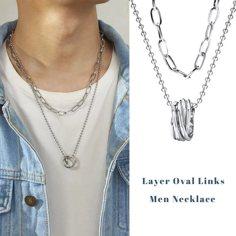 

LAYER OVAL LINKS NECKLACE WITH BEAD BALL CHAIN NECKLACE FOR MEN IN STAINLESS STEEL CIRCLE PENDANT MALE JEWELRY