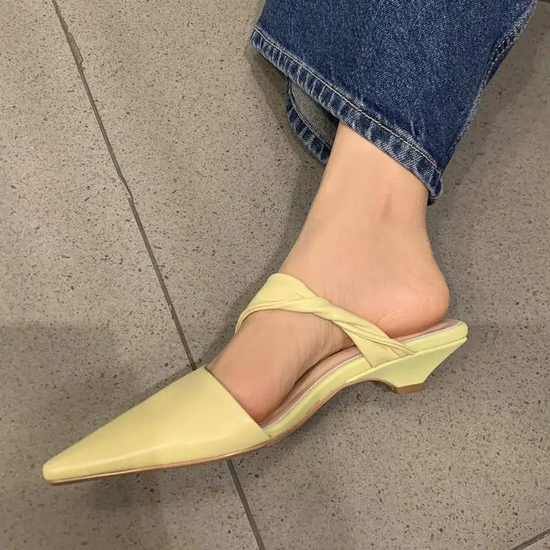 

Krazing pot size 40 genuine leather pointed toe med heel slip on slingback outside slippers elegant solid mules shoes women L24