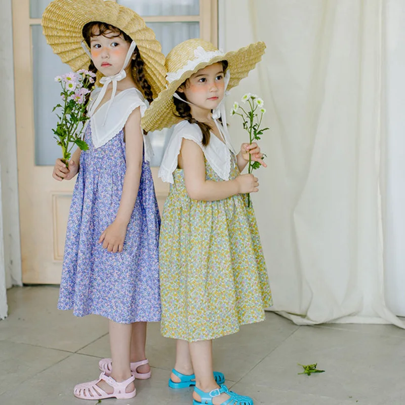 

Teens Girls Summer Floral Dresses Lace Big Turn-down Collar Sleeveless Children Princess Dress Double-sided Wear Kids Clothing