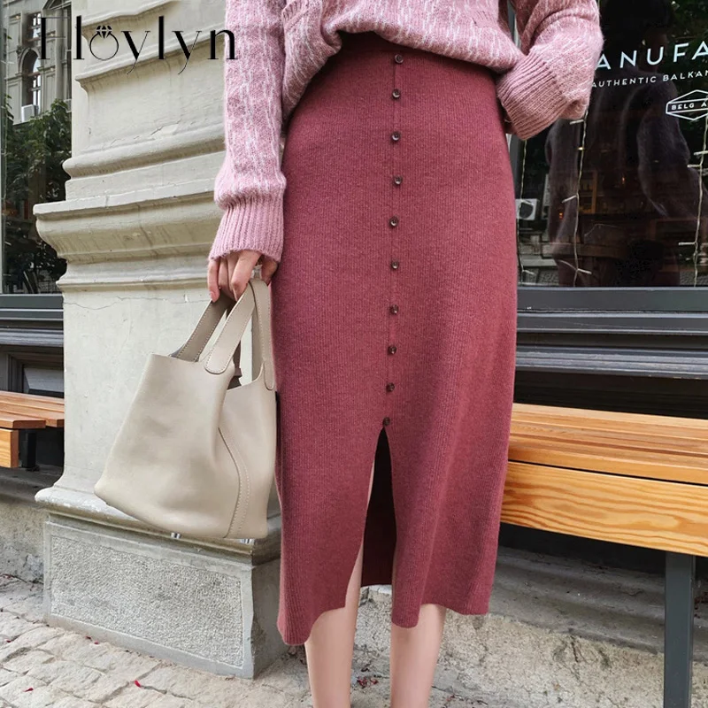 2019 Осень Зима Толстая Женская трикотажная юбка однобортная бедра посылка