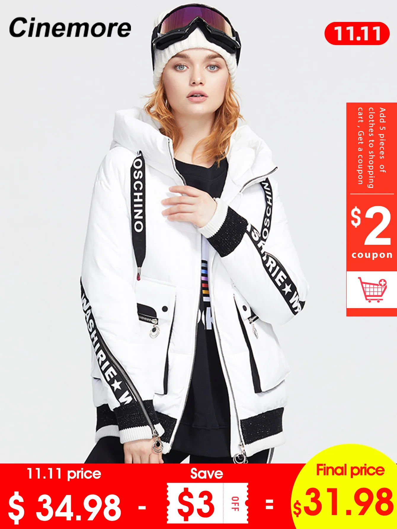 

CINEMORE Winter new collection down jacket women with a fur collar outerwear high quality with a hood winter women coat 9619