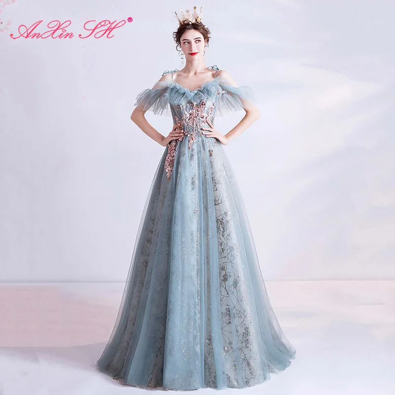 

AnXin SH princess sparkly boat neck Blue lace little bow ruffles embroidery flower bride Toast dinner party evening dress 5970