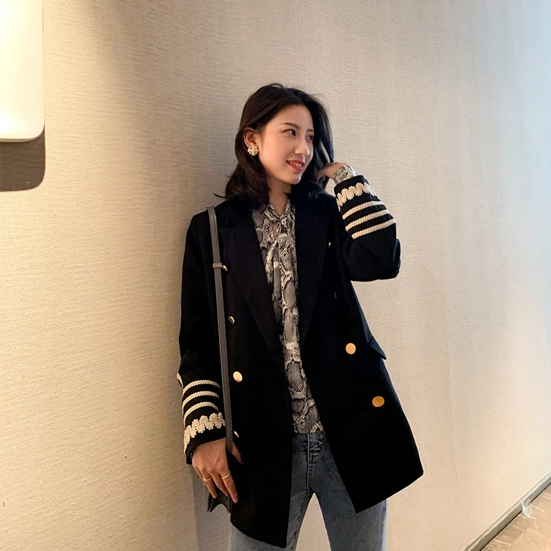 

Black Blazer Ladies Suit Autumn Winter 2019 New Women Gold Buttons Lapel Long Sleeve Coat Jackets