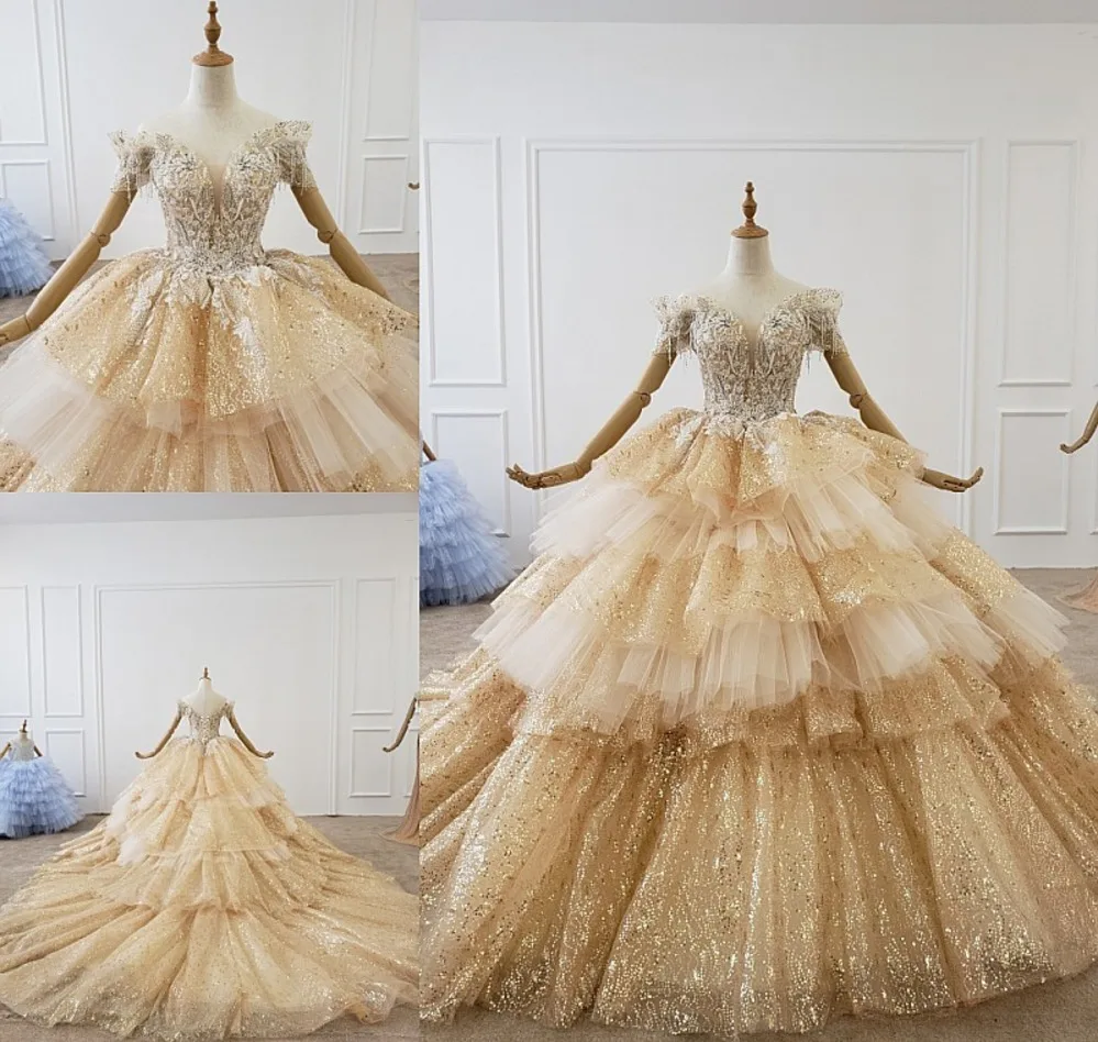 Tulle Mariage Gold Ball Gowns Wedding Dresses 2020 Sexy V Neck Off Shoulder Lace Up Beaded Corset Real Photos Puffy Bridal | Свадьбы и