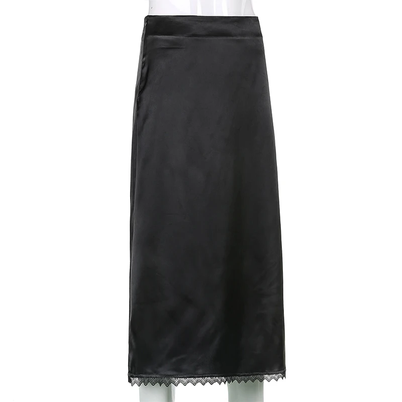 

2021 Woman Silk-smooth Retro High Waist A-line Skirt Stitching Lace Midi Skirt Elegant Street Clothing Fashion Skirt In The 90s