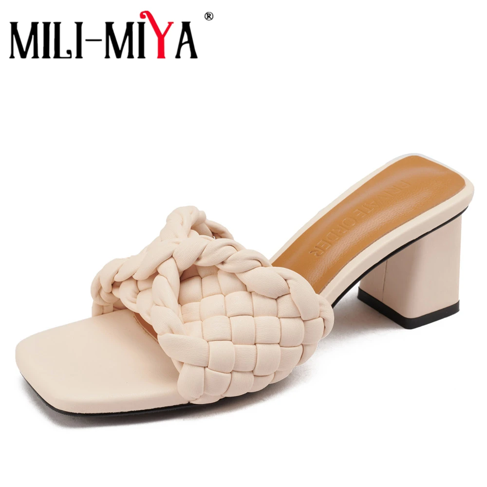 

MILI-MIYA New Cross Woven Thick High Heels Women Slipper Attractive Square Peep Toe Summer Sandals Party Dress Shoes Size 34-40