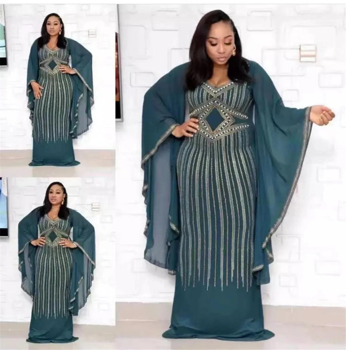 Модные африканские женские платья с вышивкой круглым вырезом и широким рукавом |