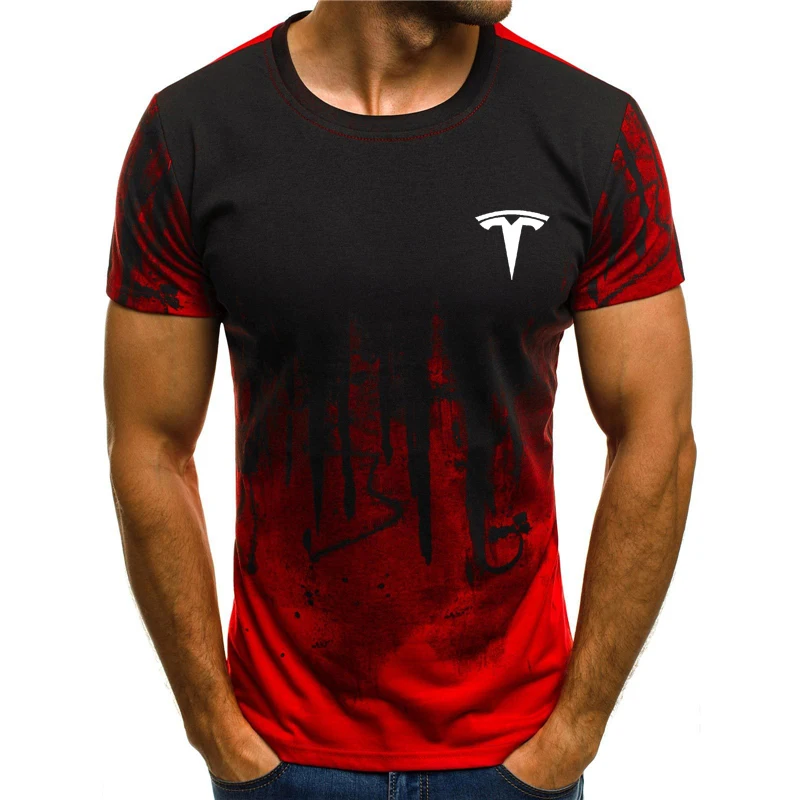 

2021 Tesla LOGO 3D Shirt Men's T-shirt Gym Fitness Outdoor Sports Shirt Personality Gradient Hip-hop Harajuku Oversized T-shirt