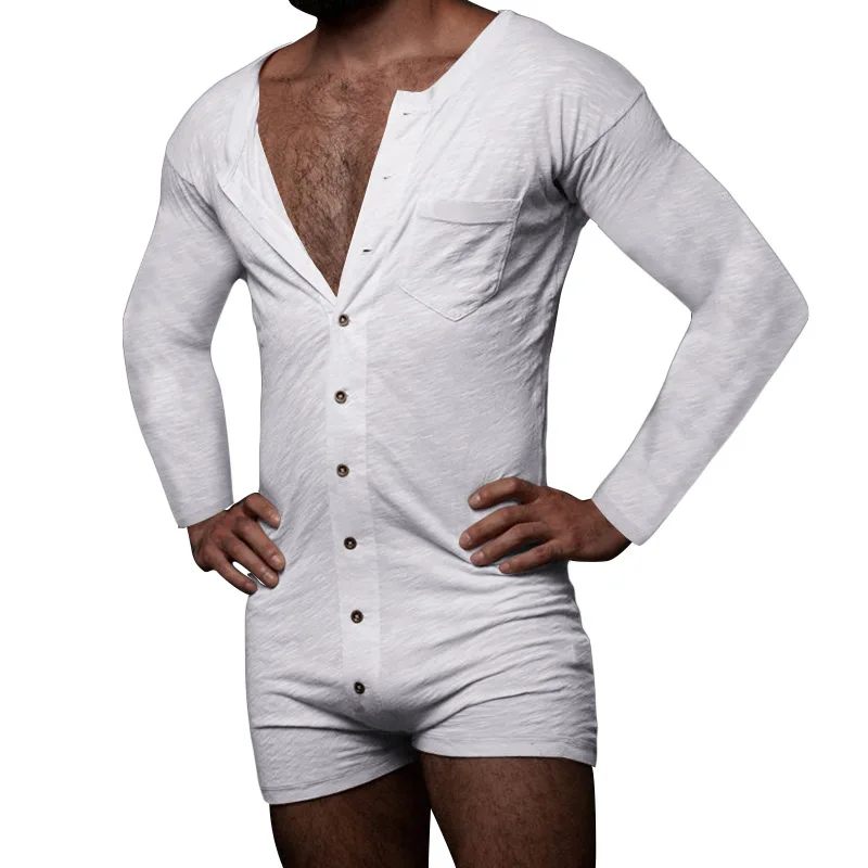 

Men's Solid Color Tight One-piece Shorts Long Sleeve Sexy Crew Neck One-piece Clothes New Buttons Pajamas Home Clothes