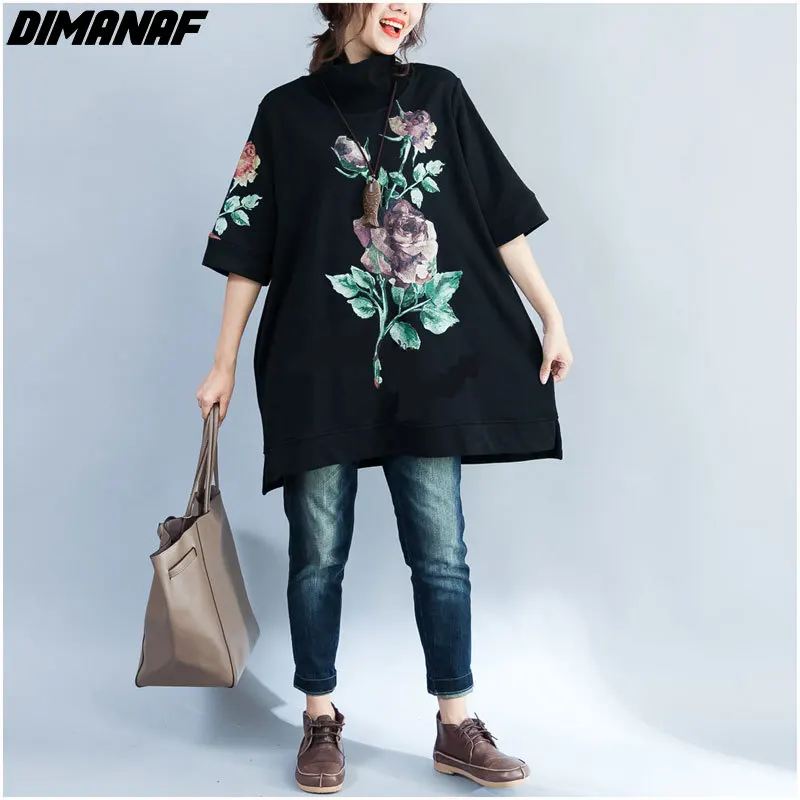 

DIMANAF Women Hoodies Sweatshirt Cotton Pullover Lady Tops Floral Print Female Loose Turtleneck Black Shirt 2022 Spring Oversize