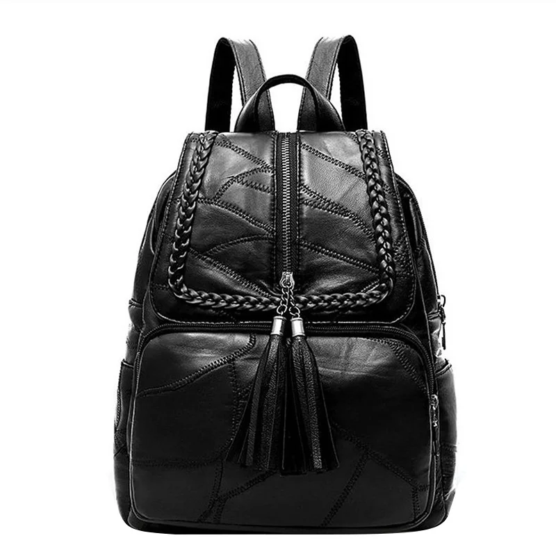 

New Women's Leather Backpack Fashion Black Sheepskin Backpack Women's College Style Splicing Bag Women's Spot Back Pack