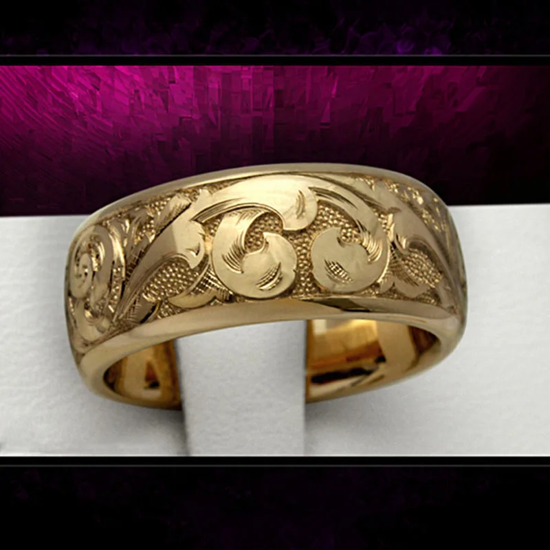 

Popular Men's Gold Color Engraving Water Wave Flower Pattern Finger Ring for Male Party Stylish Jewelry Size 5-11