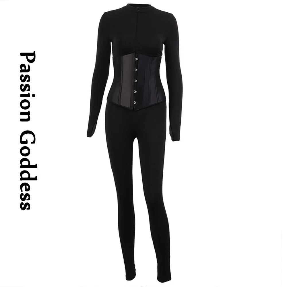 Комбинезон женский эластичный на молнии с длинным рукавом и корсетом | Женская