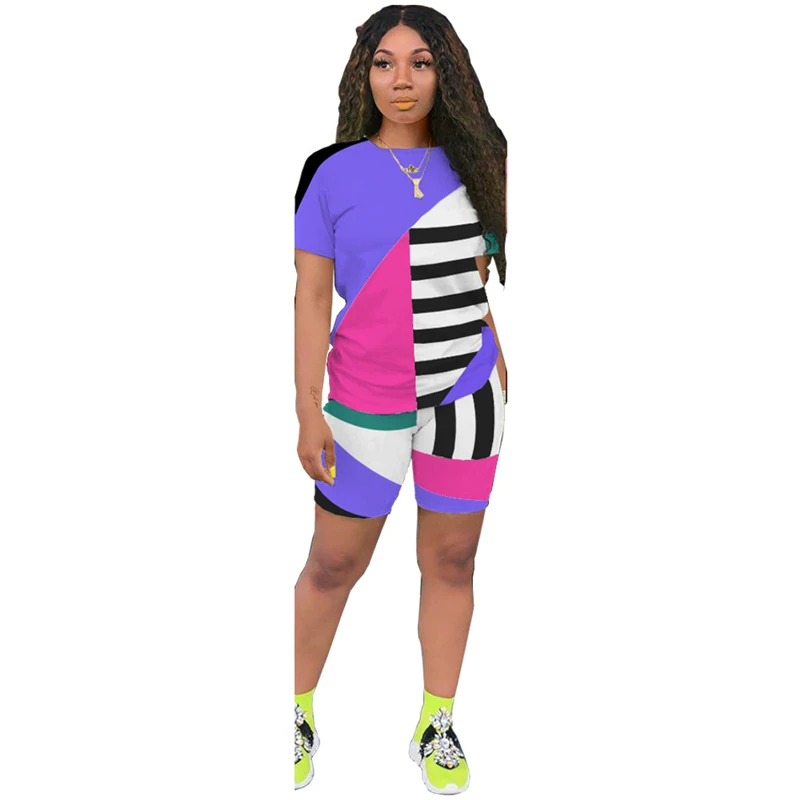Adogirl Stripe Color Patchwork Two Piece Set Short Sleeve T Shirt Top Shorts 2020 Summer Women Casual Tracksuit Home Suit S-3XL |