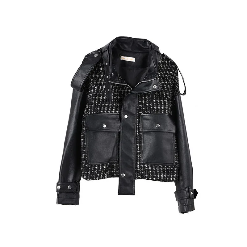 Korean Style PU Jacket Girls Spring Autumn 2021 Faux Leather BF Black Coat Patchwork Plaid Design Loose Casual Women Outwear enlarge