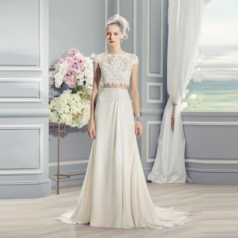 

New Arrival On Sale Two Pieces Lace Bride Wedding Dresses Jewel Neck Short Sleeves Bridal Gowns Cut Out Back Appliqued Free Ship