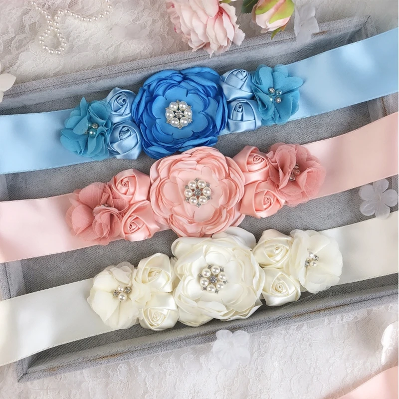 

Fashion Vintage Pink/Ivory Flower Belt Girl Woman Sash Belt Wedding Sashes Belt With Flower Headband