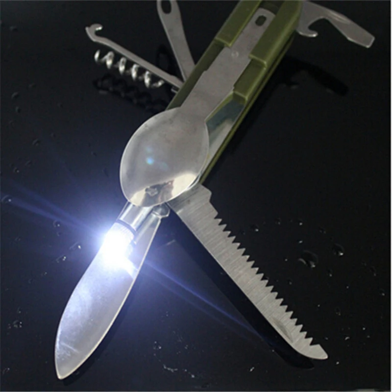 

9in1 folding tableware with Led light outdoor camping fork / spoon / knife stainless steel fork-spoon multi-function fork bike