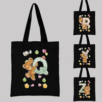 woman shopping bag reusable folding shoulder bag handbag cartoon teddy bear letter pattern printing casual black canvas bag