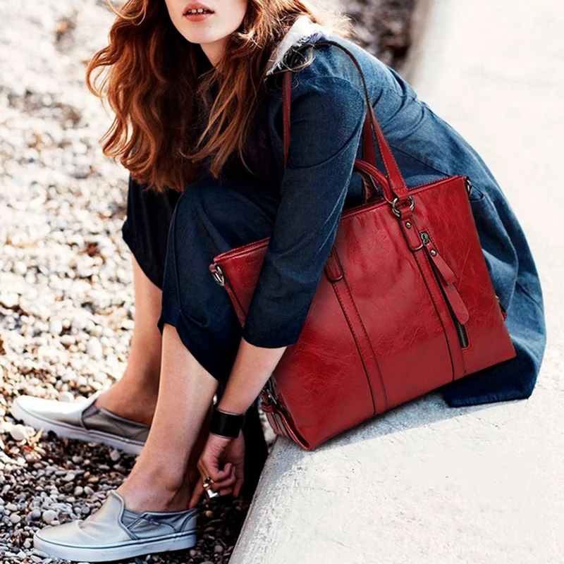 

Women Oiled Leather Tote Handbag Purse Lady Messenger Shoulder Bag Satchel