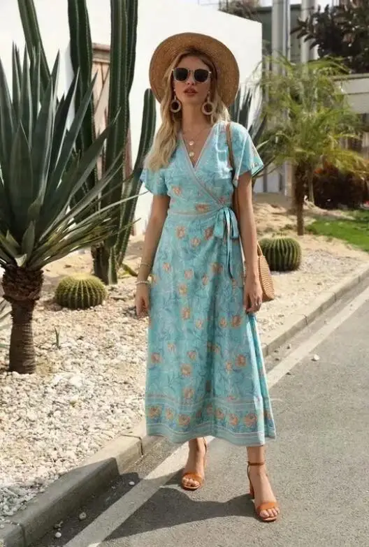 Женское летнее платье с запахом длинное V-образным вырезом цветочным принтом
