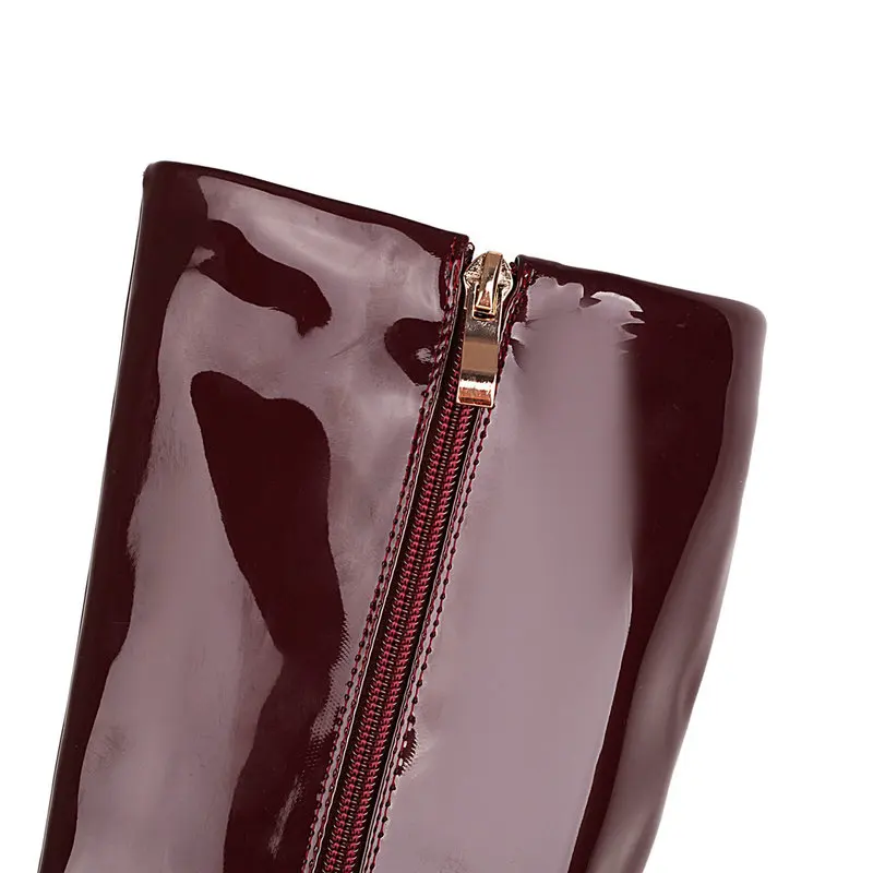 

Women Zipper Patent Leather Knee High Boots Fashion Chain Thick High Heel Long Boots Female Square Toe Autumn Winter Boots