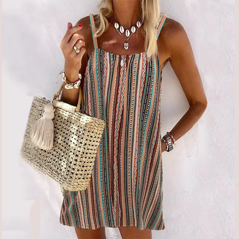 

2021 Woman Hot Sale Boho Beach Long Summer Striped Sexy Sleeveless Halter Camisole Dress Women's With Loose Casual