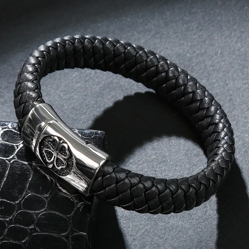 

Браслеты мужские из натуральной кожи, браслеты из титановой стали с четырехлистным клевером и магнитной застежкой, модные ювелирные украше...