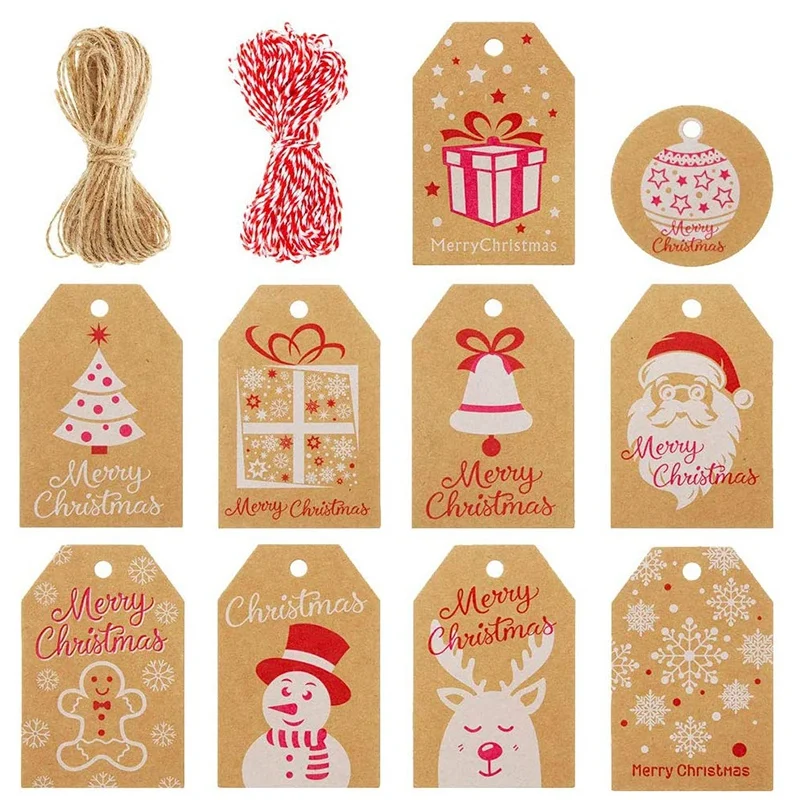 

100PCS Christmas Gift Tags-Kraft Paper Tags Hang Labels with Twine String,10 Styles with Snowflake/Christmas Tree/Santa