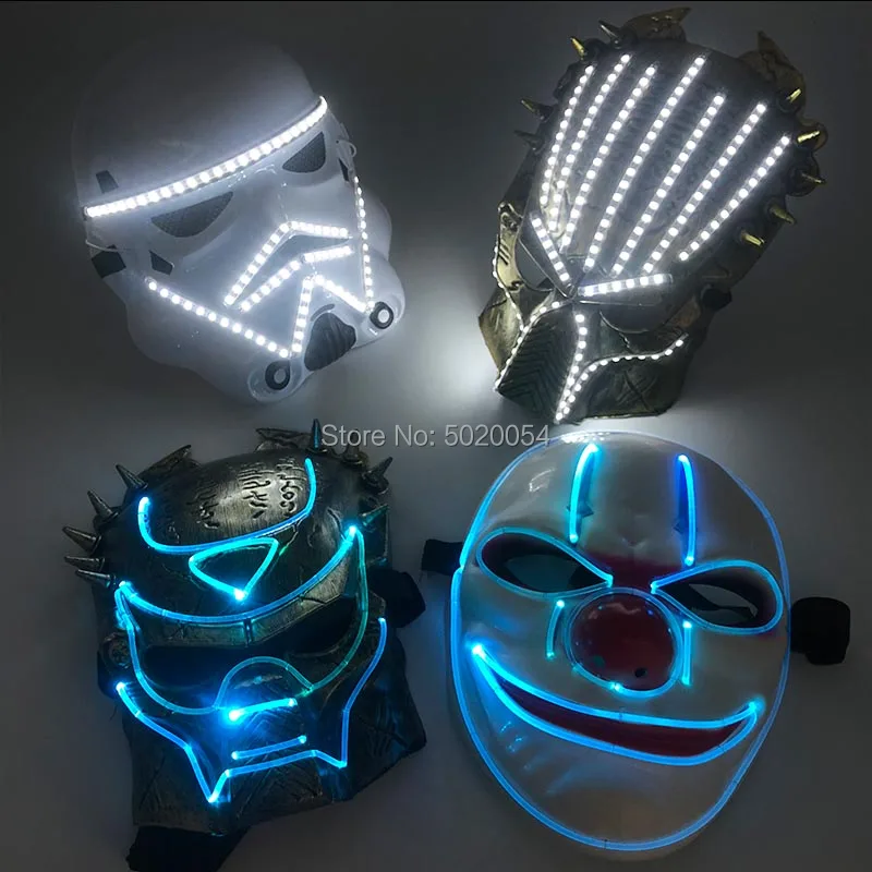 

2 Designs Dance DJ Plastic Optical Fiber Luminous Mask Scary Movie Cosplay Eyewear LED Joker Mask Superhero Mask For Halloween